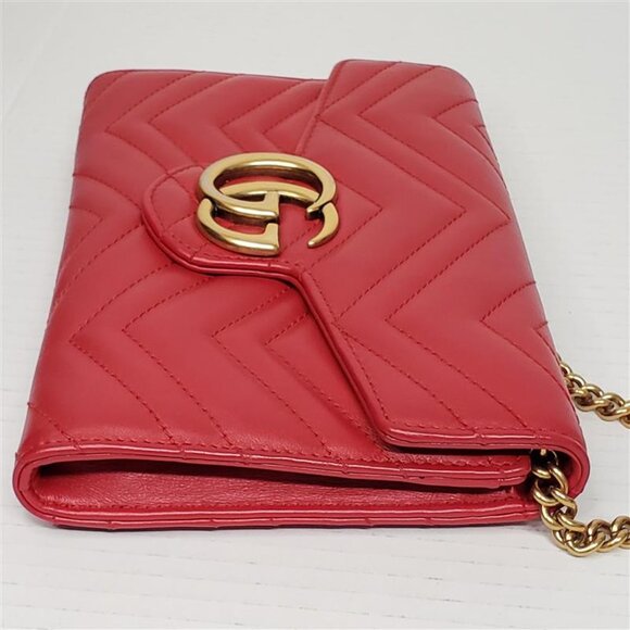 Gucci Marmont Red Chevron Gold Chain Clutch Crossbody Bag 550-100525 - Picture 4 of 16